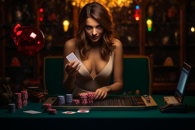 Dealer Live Blackjack di studio lgo4d dengan kartu dan meja permainan